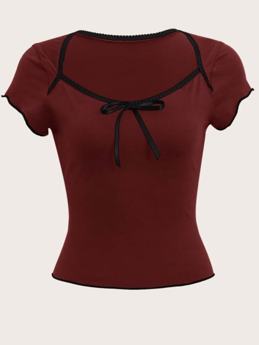 ROMWE Burgundy Short Sleeve Top with Black Trim & Bow